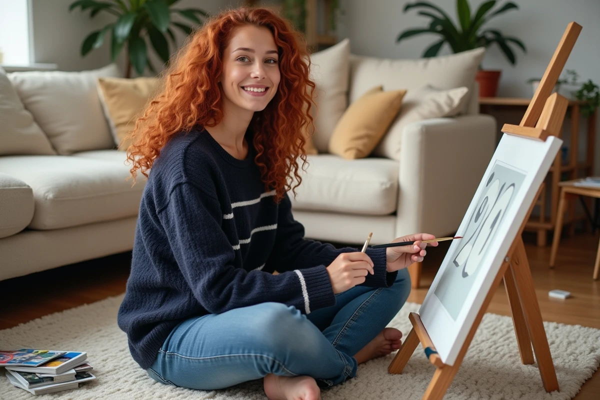Jeune femme débutante peignant par numéros assise sur le sol d'un salon cosy avec un kit de niveau facile