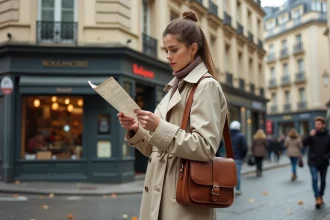 Jeune femme consultant un plan de Paris dans une rue haussmannienne avec balcons en fer forgé et façades en pierre calcaire
