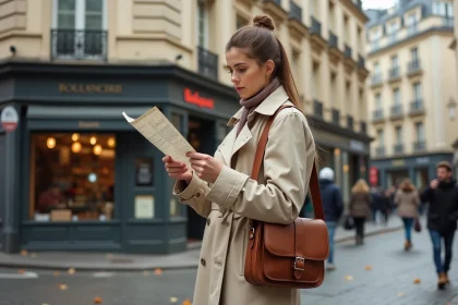 Jeune femme consultant un plan de Paris dans une rue haussmannienne avec balcons en fer forgé et façades en pierre calcaire