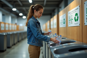 Jeune femme en centre de recyclage organisant des bacs