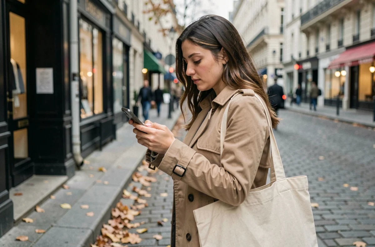 Jeune femme dans la rue consultant un appel manqué d'un numéro inconnu sur son téléphone