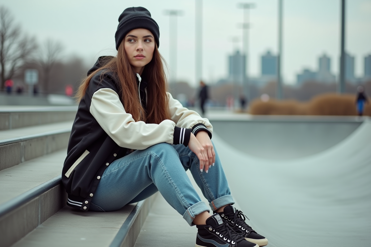 Jeune femme assise avec skateboard dans un skatepark moderne