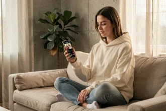 Jeune femme utilisant TikTok sur son smartphone dans un appartement moderne et minimaliste