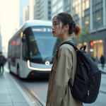 Jeune femme urbaine avec sac intelligent et bus autonome
