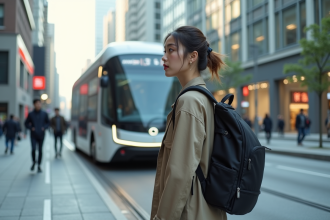 Jeune femme urbaine avec sac intelligent et bus autonome