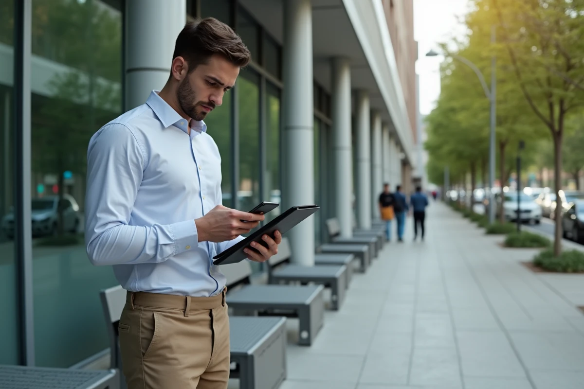 Jeune homme vérifie son smartphone devant une banque en ville
