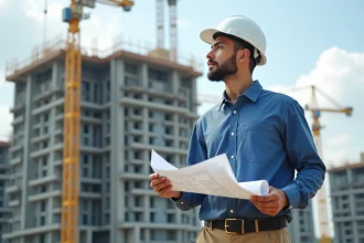 Jeune homme en chantier de construction avec plans
