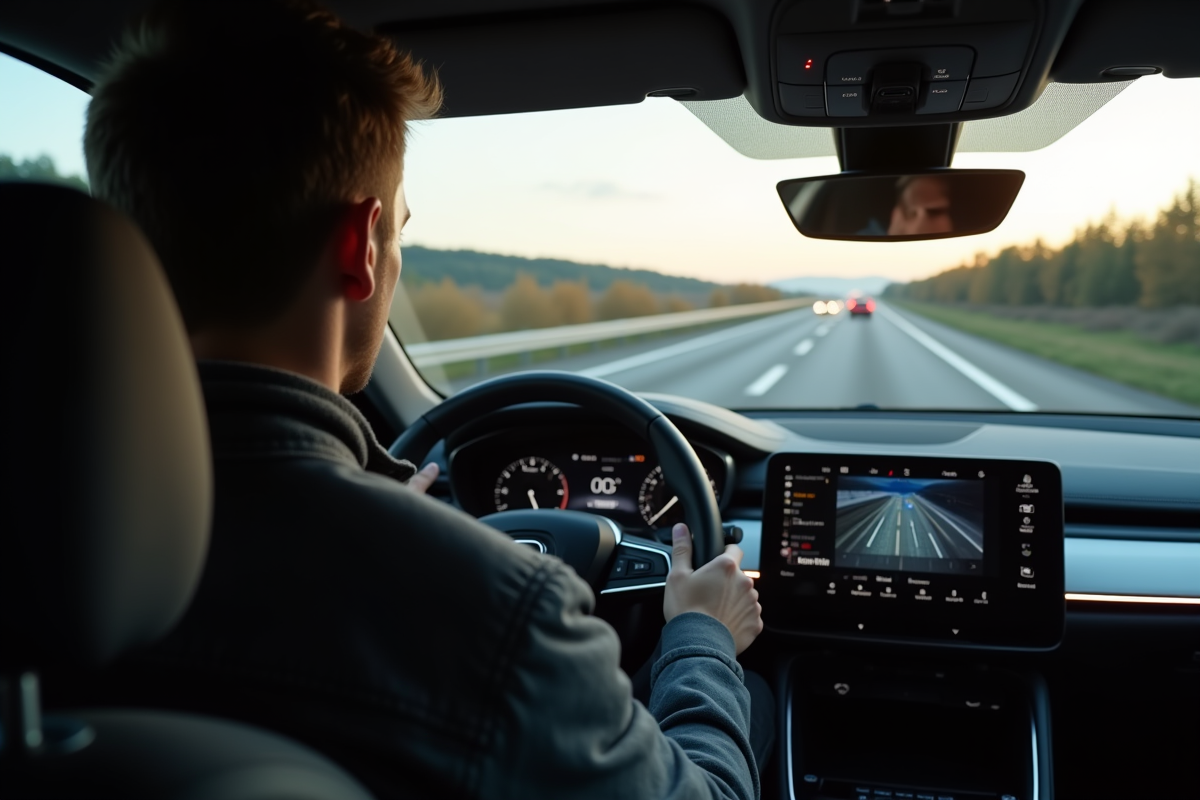 Jeune homme conduisant activant le régulateur de vitesse