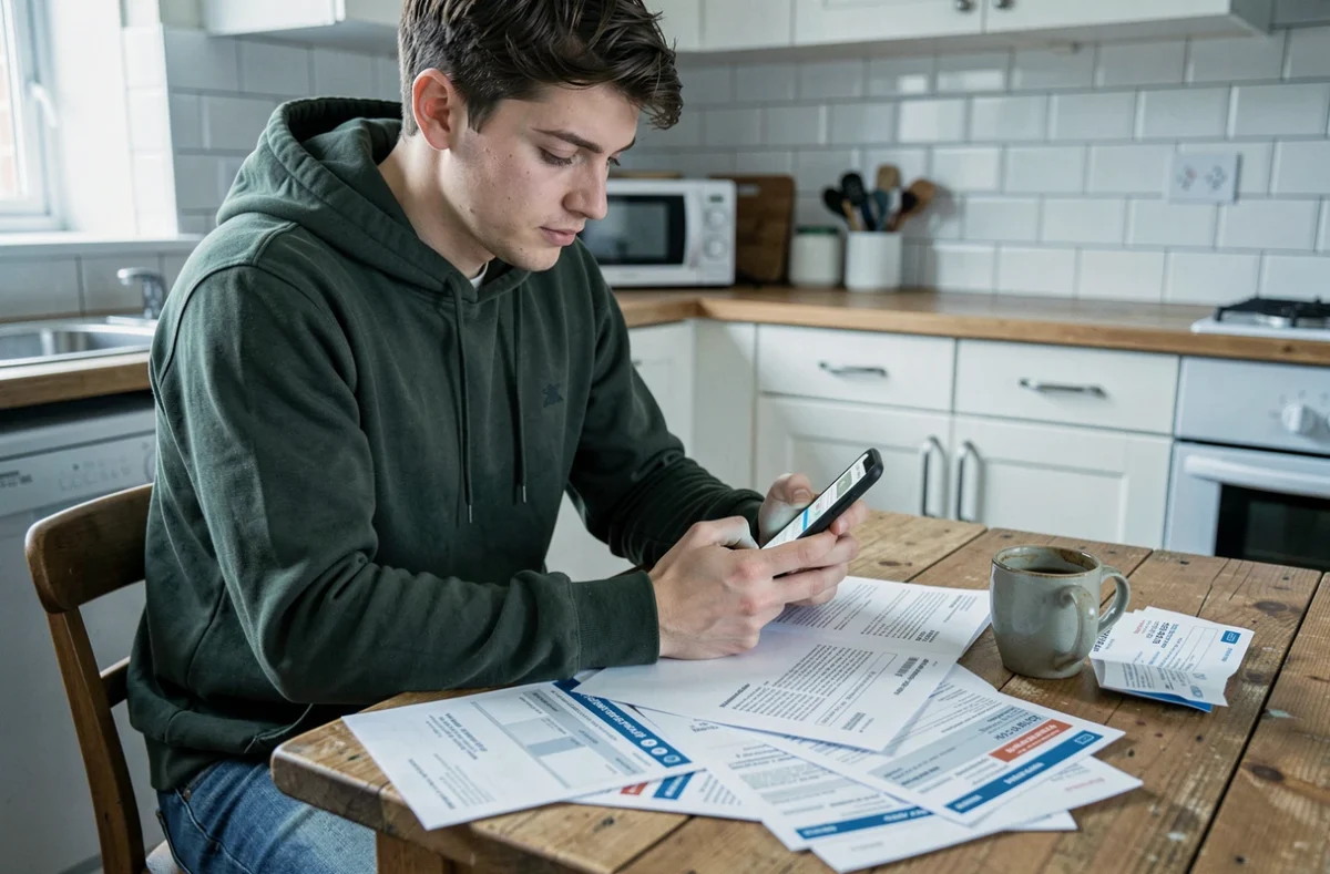 Jeune homme consultant un site d'information juridique sur son téléphone entouré de factures dans une cuisine