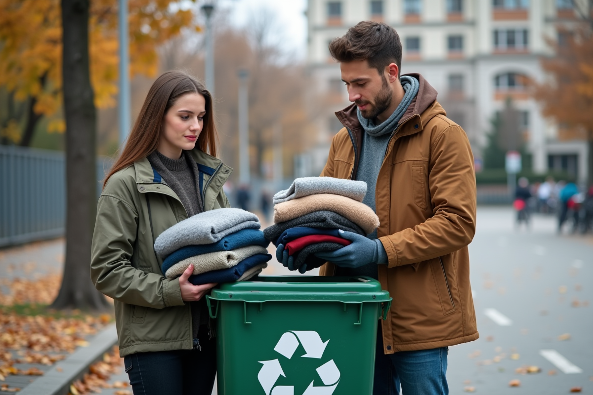 Jeune homme et femme déposant des vêtements dans une poubelle de recyclage