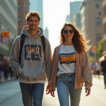 Jeune couple en streetwear dans une rue urbaine ensoleillee
