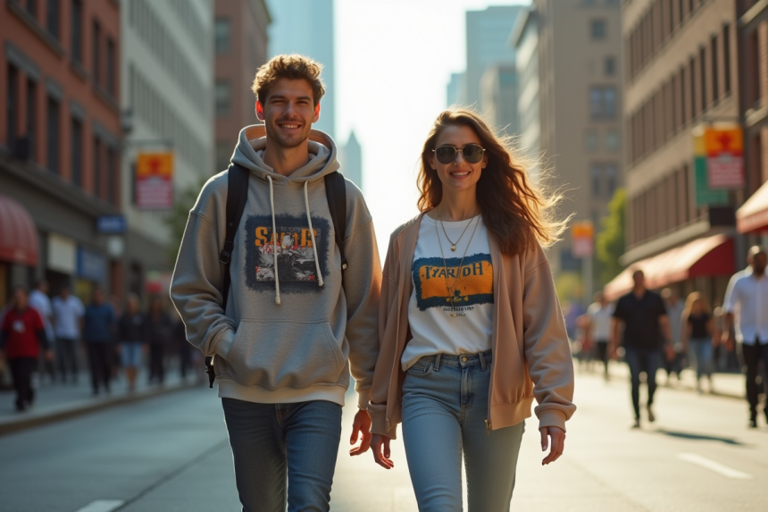 Jeune couple en streetwear dans une rue urbaine ensoleillee