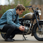 Jeune homme en denim répare une moto vintage en extérieur