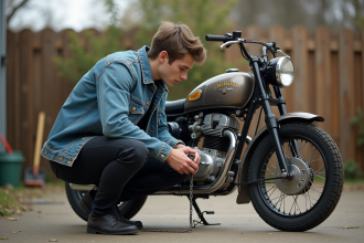 Jeune homme en denim répare une moto vintage en extérieur