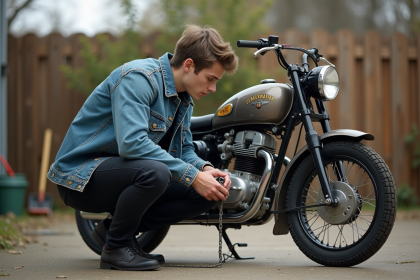 Jeune homme en denim répare une moto vintage en extérieur