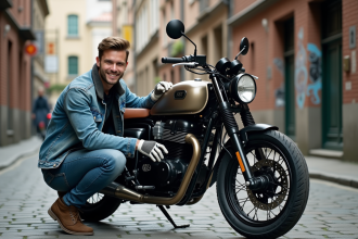 Jeune homme ajustant sa moto Dax 50 en ville