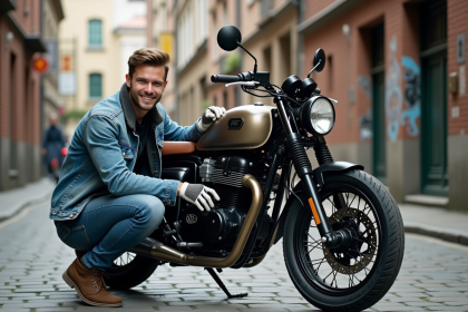 Jeune homme ajustant sa moto Dax 50 en ville