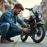 Jeune homme nettoyant la chaîne d'une moto 50cc en extérieur