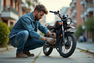 Jeune homme nettoyant la chaîne d'une moto 50cc en extérieur