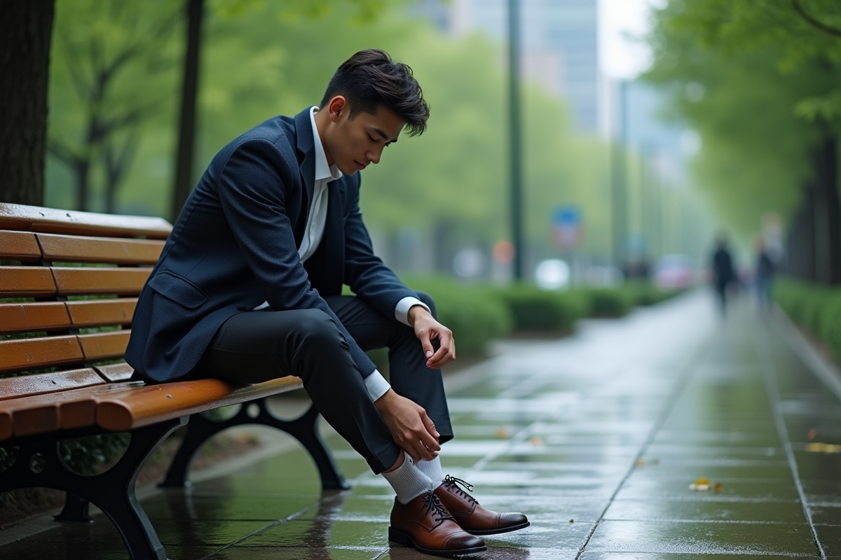 Jeune homme assis sur un banc après la pluie dans un parc urbain