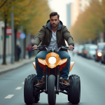 Homme en ville sur un quad 125cc en mouvement