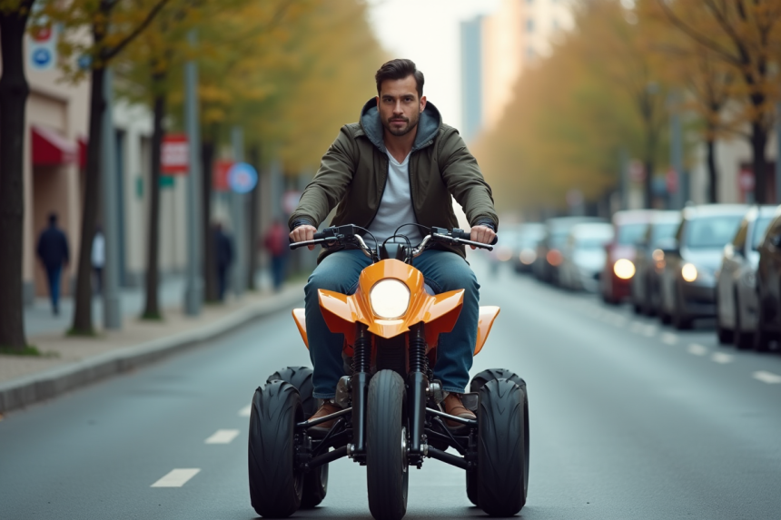 Homme en ville sur un quad 125cc en mouvement