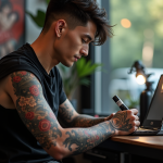 Jeune homme français avec tatouage japonais dans un studio moderne