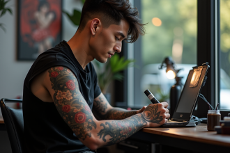 Jeune homme français avec tatouage japonais dans un studio moderne