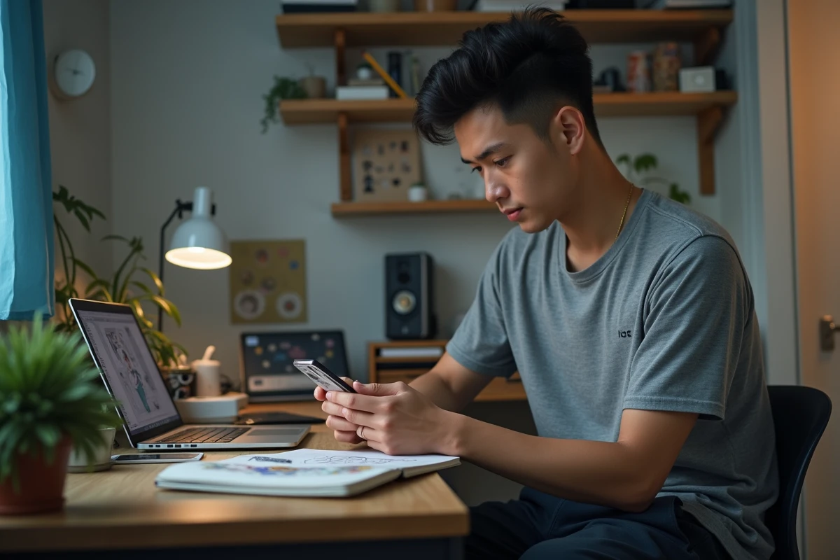 Jeune homme consultant un webtoon sur smartphone dans une chambre d'étudiant avec des carnets de croquis