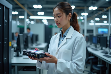 Jeune femme physicienne quantique en laboratoire moderne