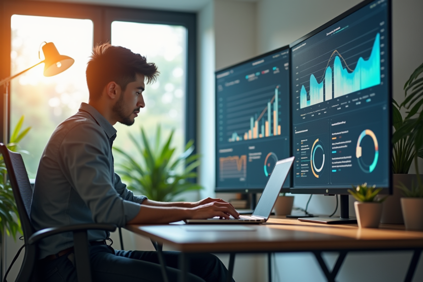 Jeune professionnel travaillant sur un ordinateur dans un bureau moderne