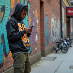 Jeune rappeur urbain devant un mur graffite en ville