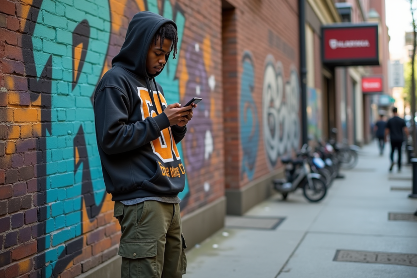 Jeune rappeur urbain devant un mur graffite en ville