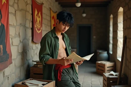 Jeune homme révolutionnaire lisant une carte dans un repaire