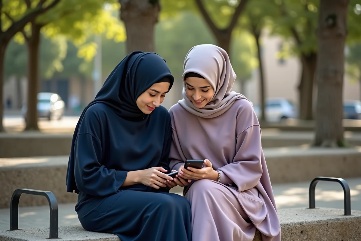 Deux jeunes femmes discutant d une application de priere dans un parc
