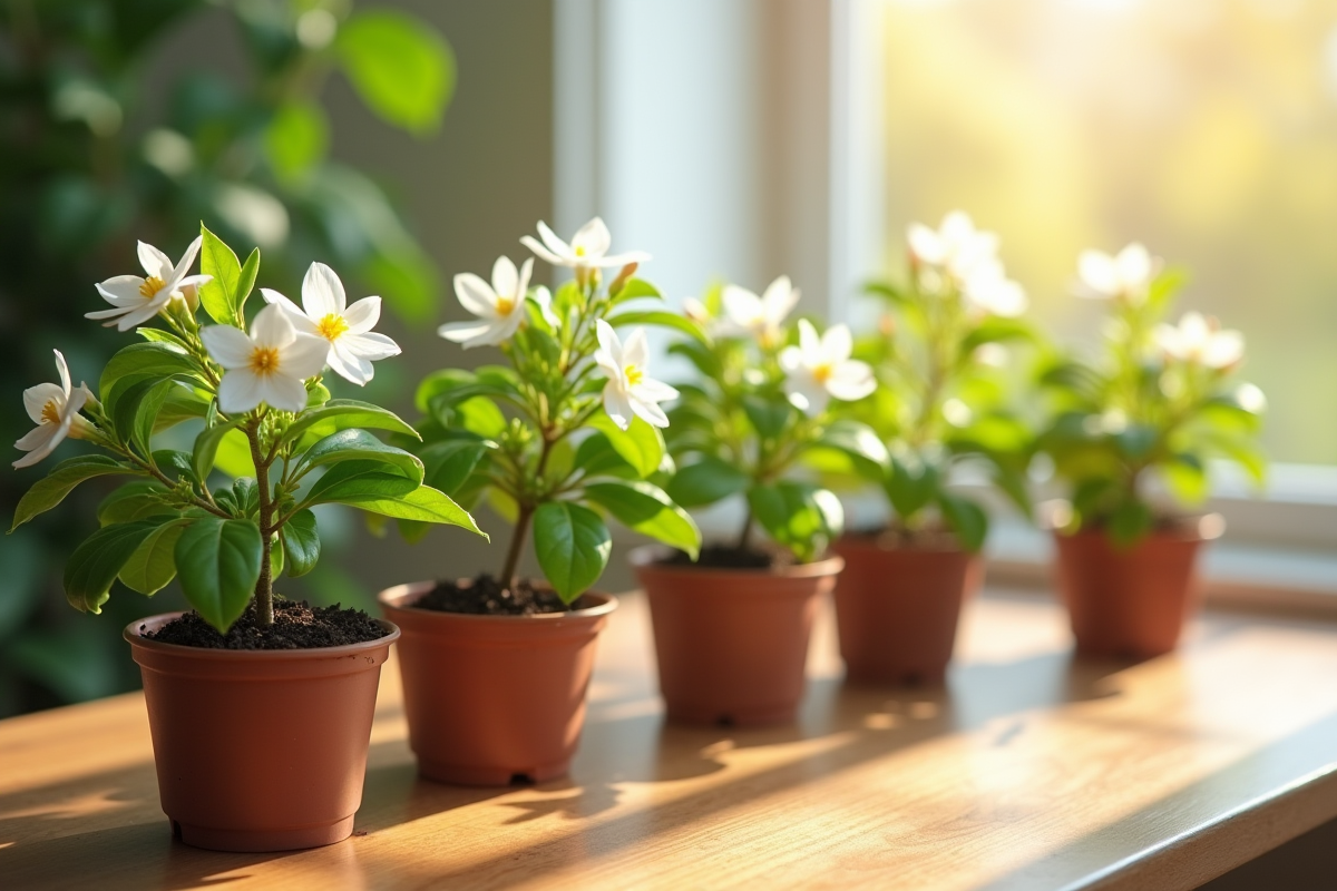 Jeunes plants de jasmin en pots sur une table en bois ensoleillée