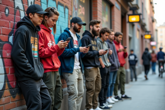 Groupe de jeunes décontractés devant un mur graffité en ville