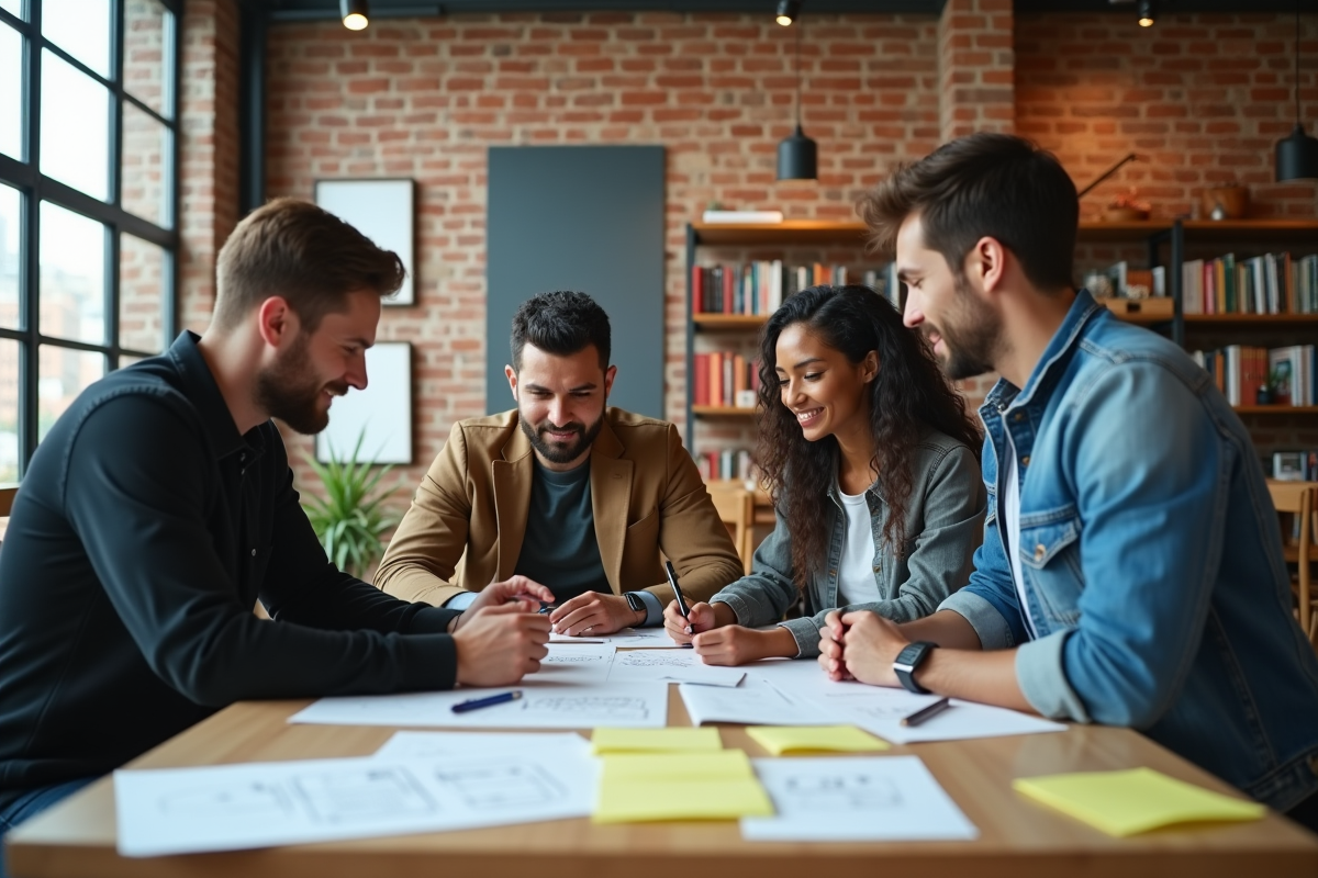 Groupe de jeunes entrepreneurs en brainstorming dans un espace créatif