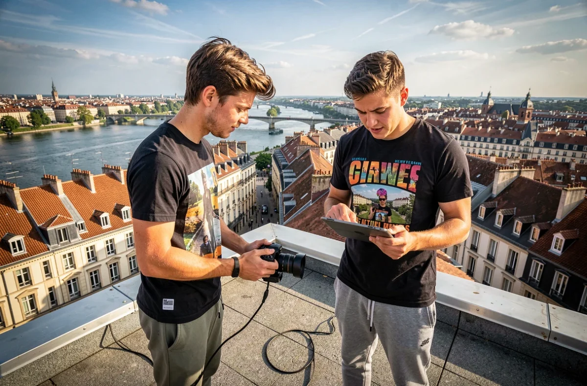Vidéaste créatif pilotant un drone sur les toits de Bordeaux avec vue sur la Garonne