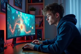 Joueur adulte concentré devant un écran affichant une carte de jeu RPG avec des portails magiques colorés dans une chambre de gamer