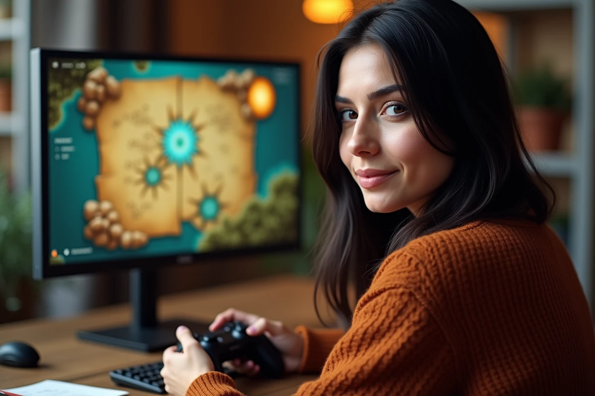 Vue par-dessus l'épaule d'une joueuse adulte comparant un portail et un zaap classique sur la carte d'un jeu RPG fantasy