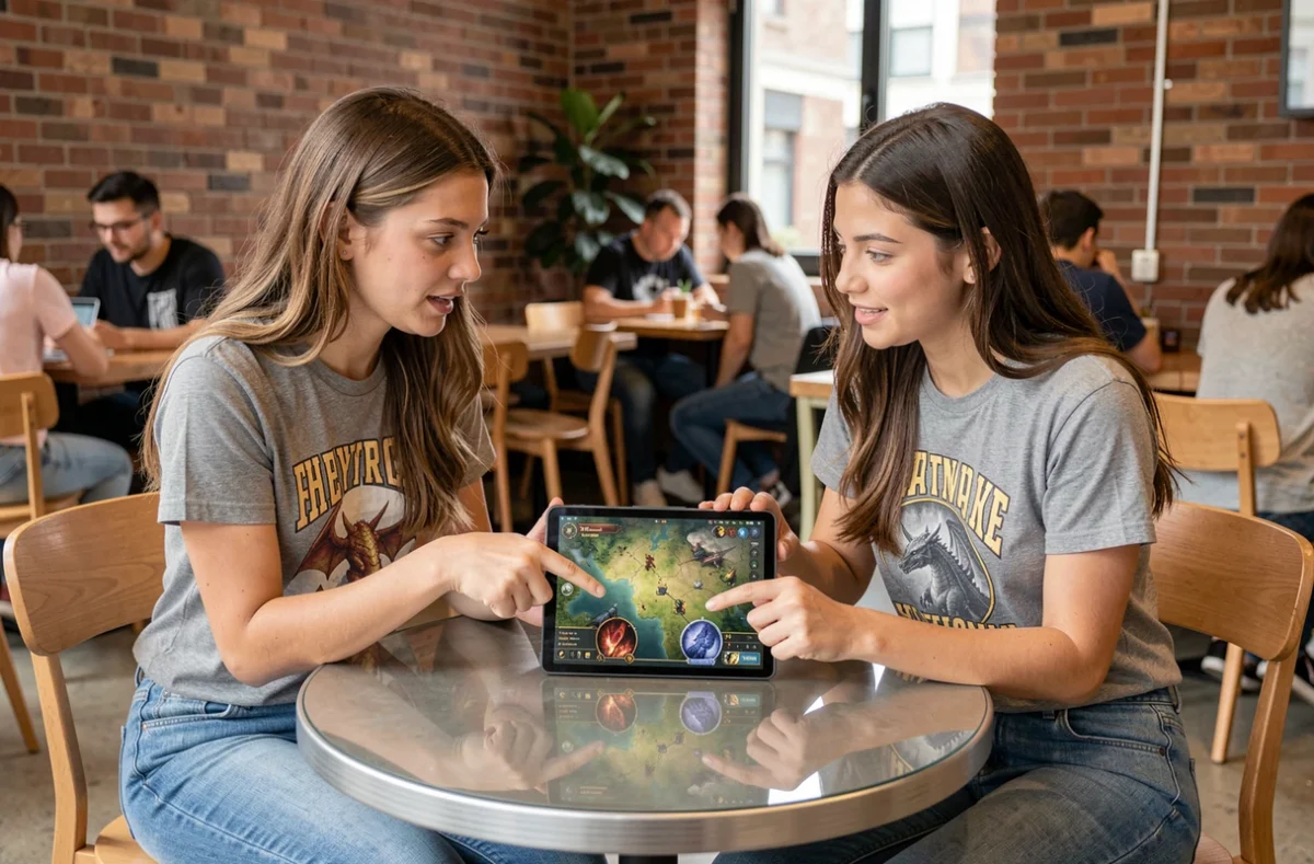 Deux joueuses discutant d'une stratégie pour exploiter la faiblesse des dragons dans un jeu de rôle fantasy sur tablette dans un café