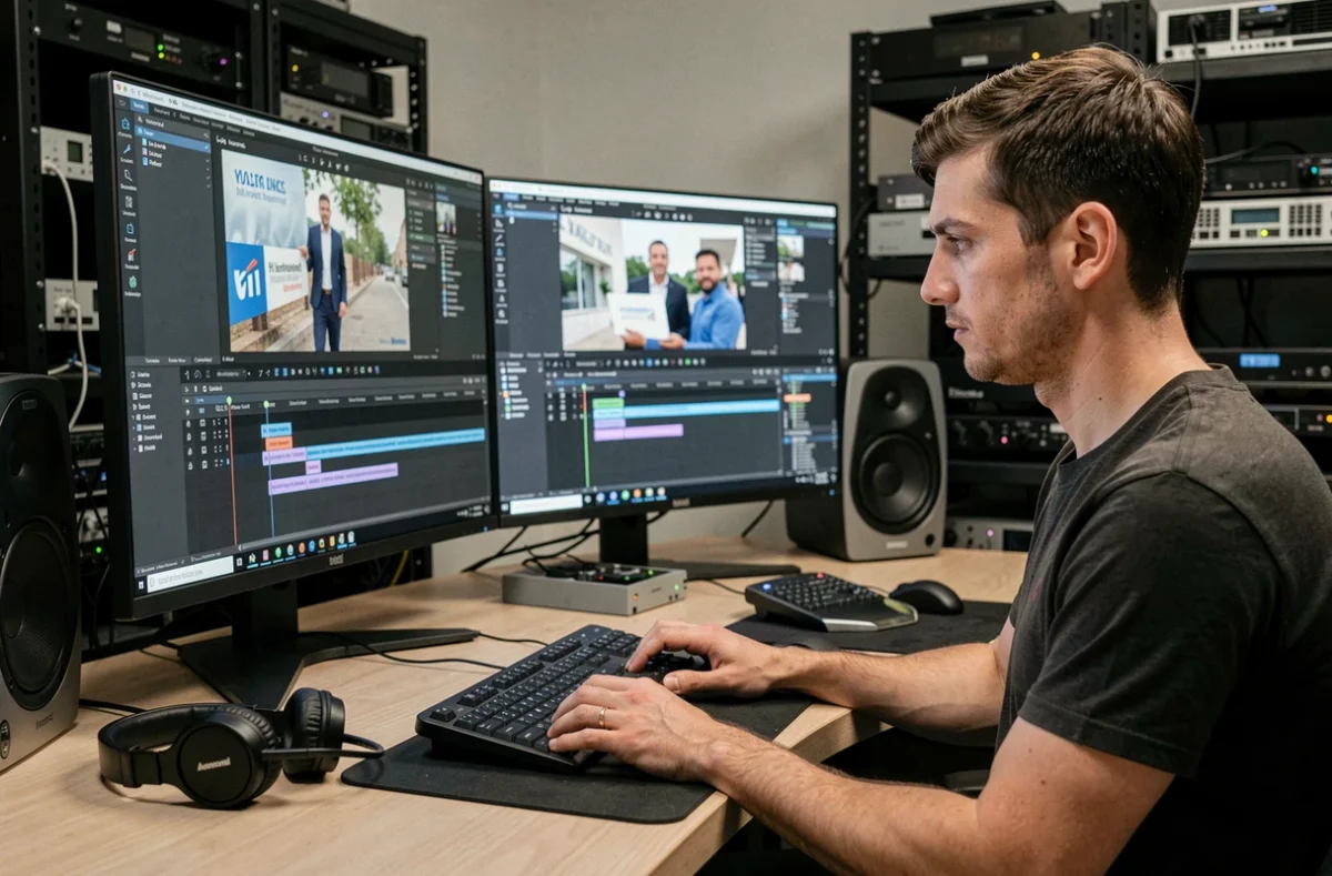 Monteur vidéo travaillant sur un projet de vidéo d'entreprise en post-production