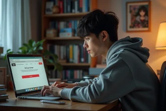 Jeune homme frustré devant un écran d'ordinateur affichant une erreur sur un site de lecture de manga One Punch Man