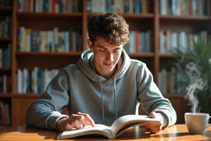 Jeune homme lisant un volume de manga One Piece dans un appartement cosy entouré de bibliothèques remplies de mangas