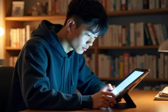 Jeune homme lisant un scan de manga sur tablette dans un bureau cosy entouré de volumes de manga