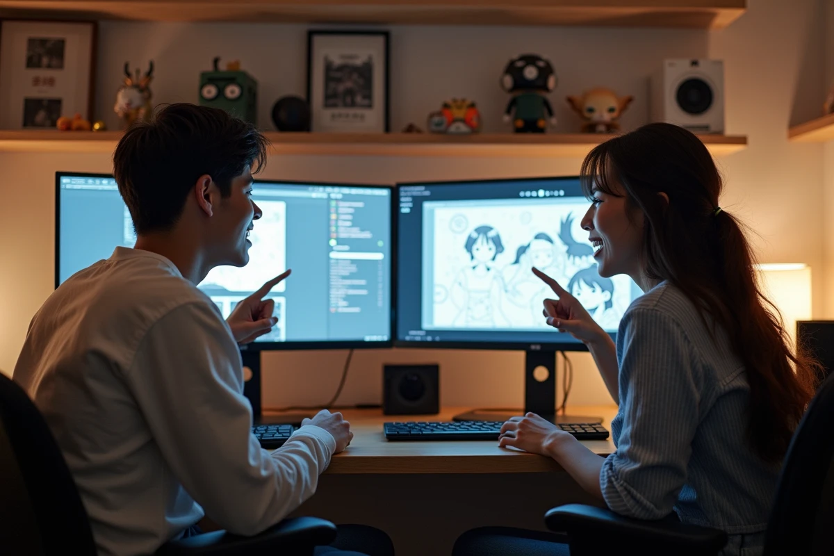 Deux amis lisant ensemble un scan de manga sur grand écran de bureau dans un espace de travail partagé