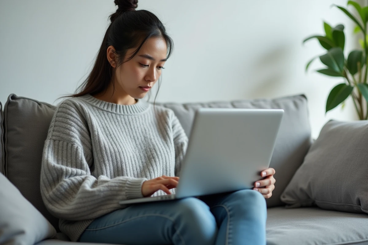 Femme lisant un scan de manga sur PC portable confortablement installée dans un salon moderne