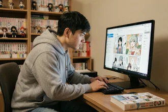 Jeune homme lisant des scans de manga Demon Slayer sur un écran d'ordinateur dans un bureau cosy entouré de volumes manga