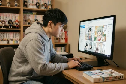 Jeune homme lisant des scans de manga Demon Slayer sur un écran d'ordinateur dans un bureau cosy entouré de volumes manga